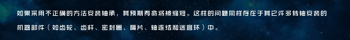 如果采用不正确的方法安装轴承，其预期寿命将被缩短。这样的问题同样存在于其它许多转轴安装的机器部件（如齿轮、齿杆、密封圈、隔片、轴连结和迷宫环）中。